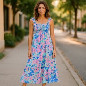 Mahi Gold The Fitz Dress Summer Jubilee in Shell pink blue floral smocked XS